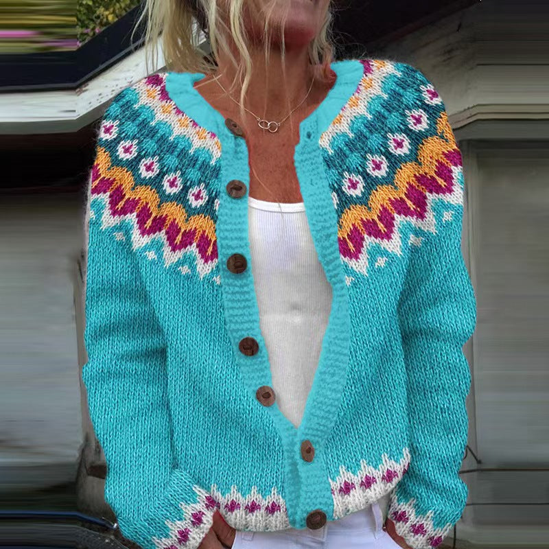 Damen nan gemusterte Strickjacke mit Rundpasse, Holzknöpfen und Eingrifftaschen Echo Archiv