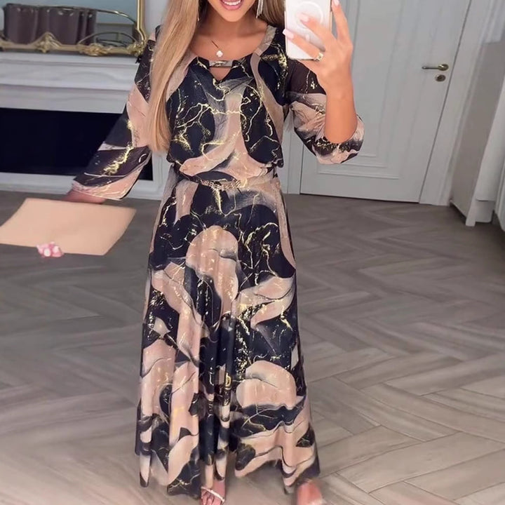 Maxikleid für Damen im fließenden Chiffon-Look mit abstraktem Marmorprint und 3/4-Ärmeln – Valéora