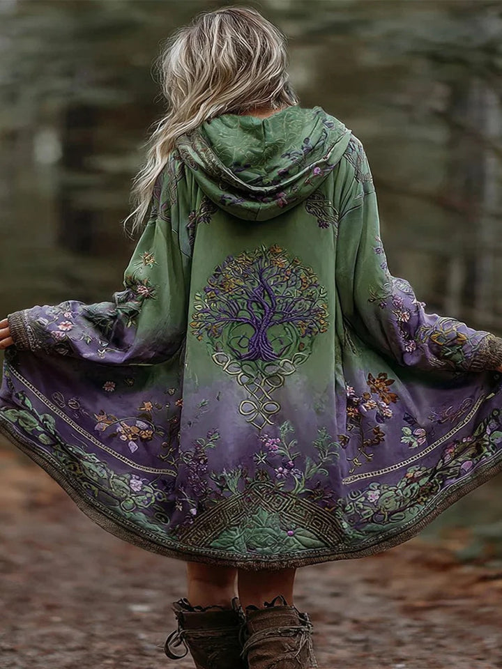 Damen Boho Kapuzenmantel im Schwung-Schnitt mit Baum-Motiv und Farbverlauf – Montévia