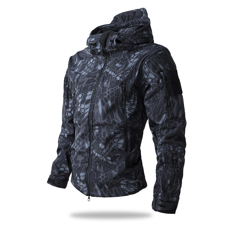Herren Taktische Softshelljacke mit Kapuze, Tarnmuster und Mehrfach-Reißverschlusstaschen Echo Archiv