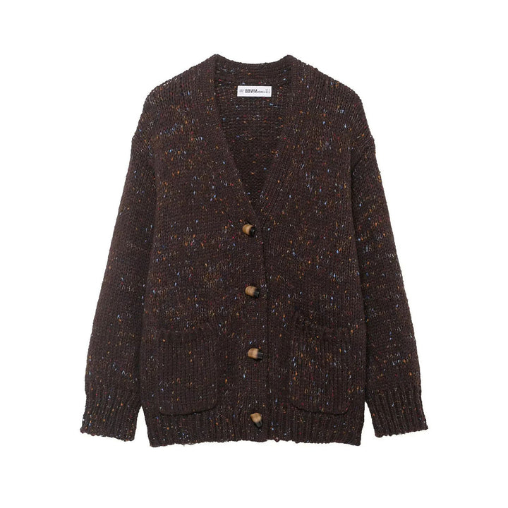 Damen grobgestrickte Strickjacke mit Hornknopf‑Front und aufgesetzten Taschen – Veloura