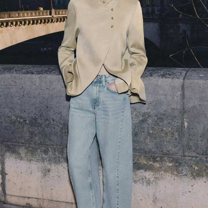 Damen Asymmetrische Satin-Bluse-Jacke mit Mandarinkragen und Glockenärmeln Echoarchiv