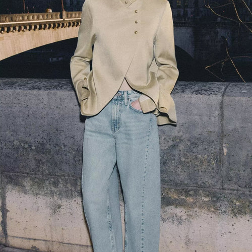 Damen Asymmetrische Satin-Bluse-Jacke mit Mandarinkragen und Glockenärmeln Echoarchiv