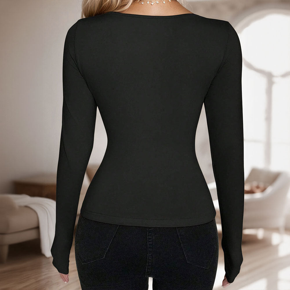 Damen figurbetontes Langarmshirt mit Schnürung, Knopfleiste und schmaler Taillenform – Avérine