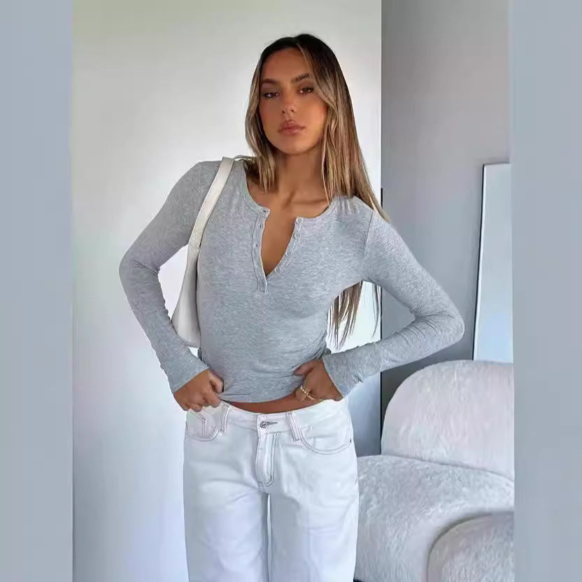 Damen Langarm Crop-Top mit eleganter V-Öffnung und figurbetontem Schnitt Echo Archiv
