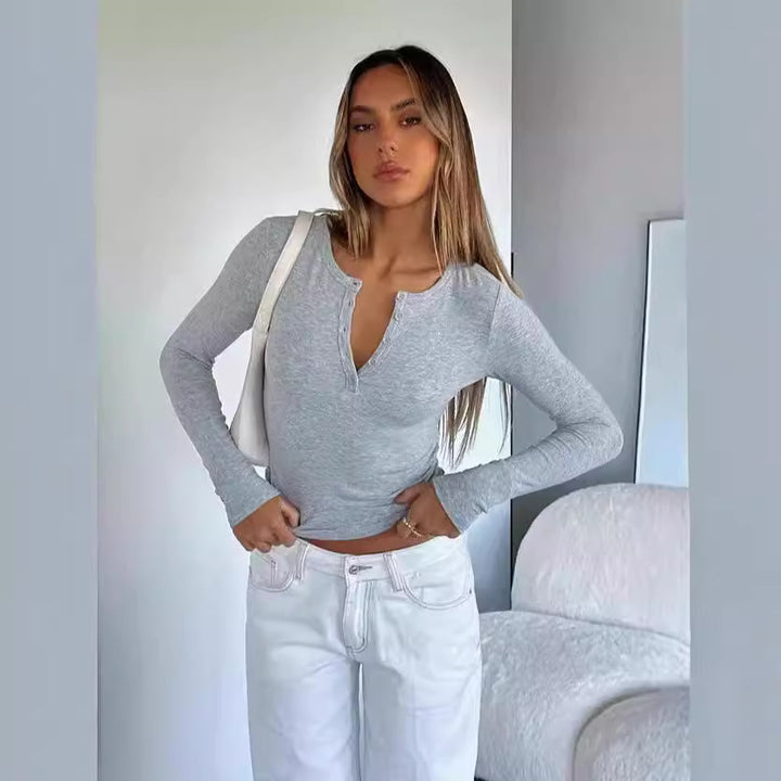 Damen Langarm Crop-Top mit eleganter V-Öffnung und figurbetontem Schnitt Echo Archiv
