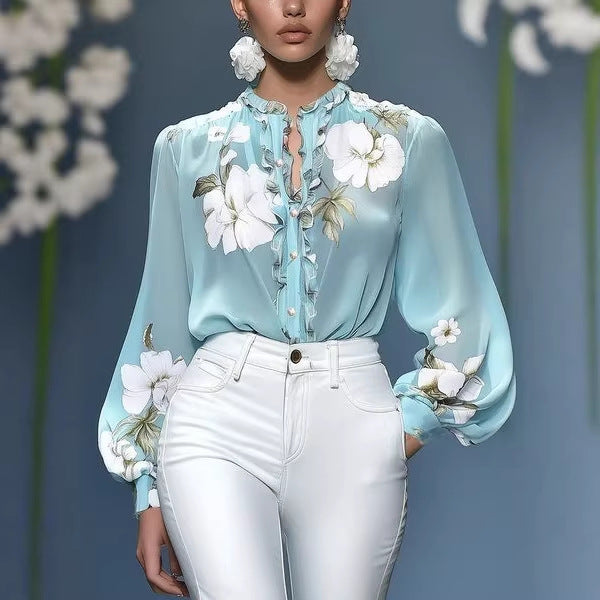 Damen Seidenbluse mit Rüschenblende und floraler Applikation – Élovi