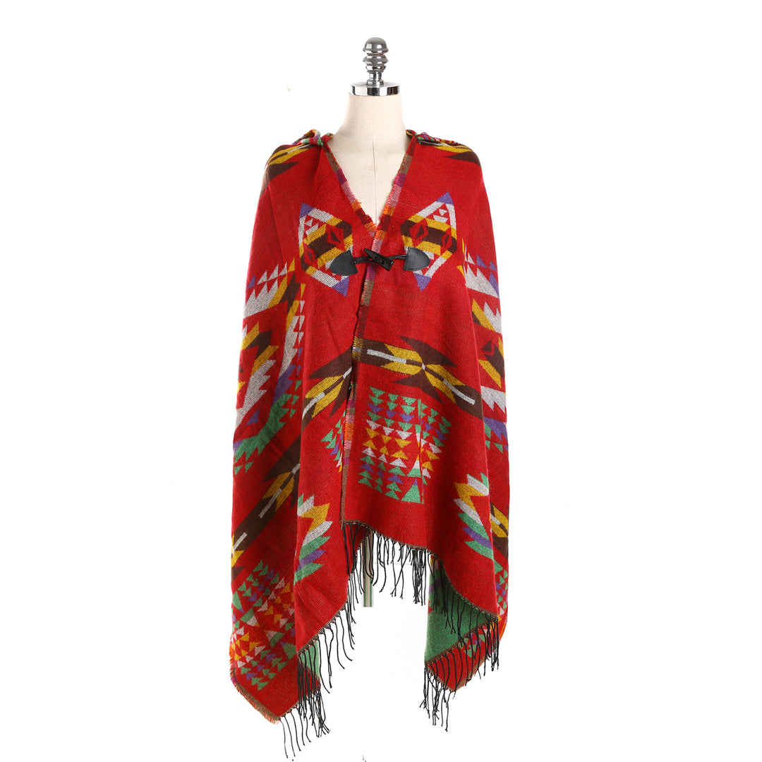 Damen Ethno-Jacquard-Poncho mit Knebelverschluss und Fransensaum Echo Archiv