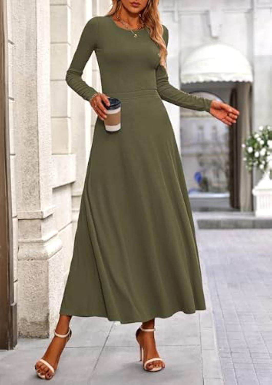 Damen Langärmeliges Maxikleid mit tailliertem Oberteil und fließendem A-Linien-Rock – Valéora