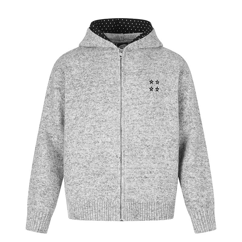 Damen Zip-Kapuzen-Strickjacke mit gepunkteter Kapuzenfütterung und Sternchen-Stickerei Echoarchiv