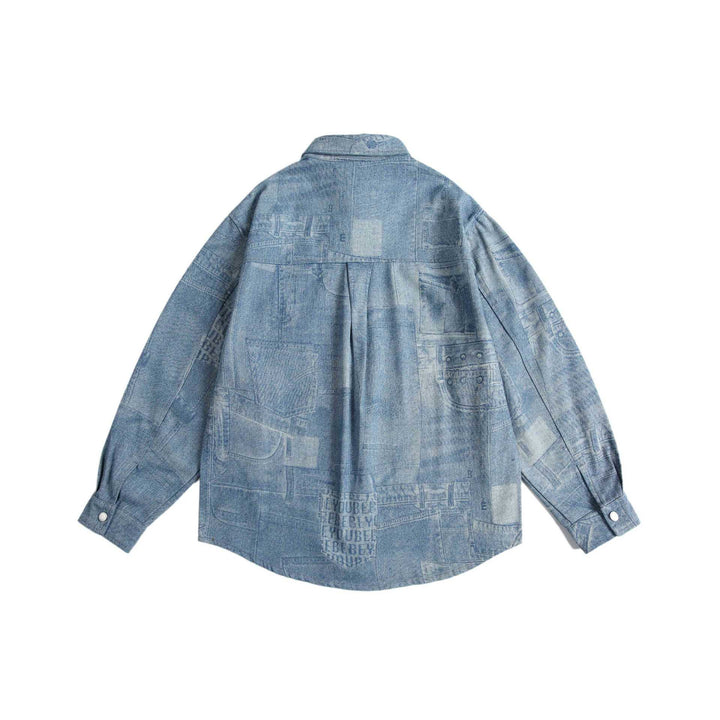 Unisex Oversize-Denim-Hemdjacke mit Patchwork-Print und Druckknopfblende Echoarchiv