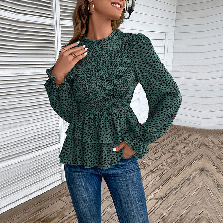 Damen Gesmoktes Chiffon-Blusenshirt mit Stufen-Peplum und Rüschenärmeln Echoarchiv