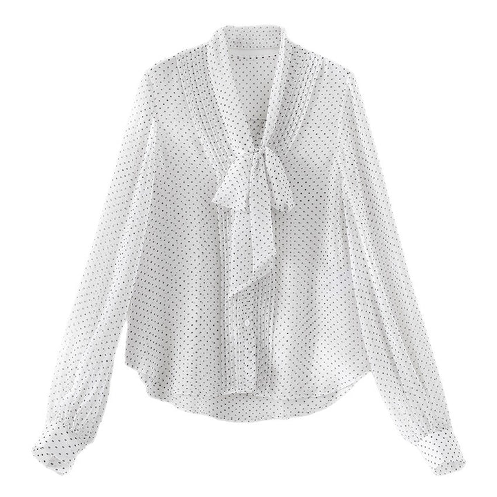 Damen Chiffon-Bluse mit Schleifenkragen, Pünktchenmuster und Biesen-Detail Echoarchiv