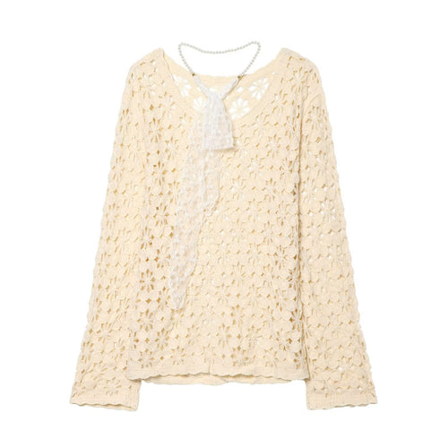 Damen gehäkelter Floralpullover mit Rundhalsausschnitt und Ajourmuster Echo Archiv