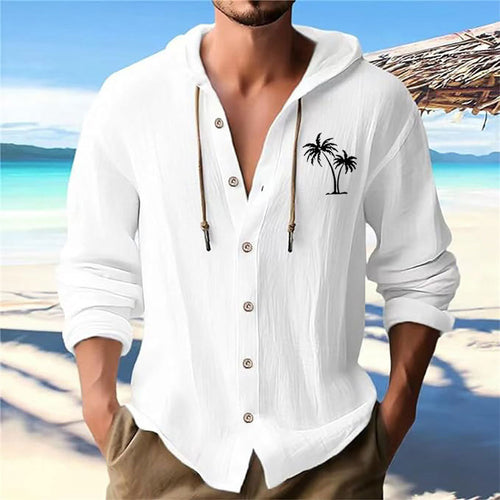 Herren lässiges Kapuzenshirt mit dekorativem Palmendruck und Knopfleiste Echoarchiv