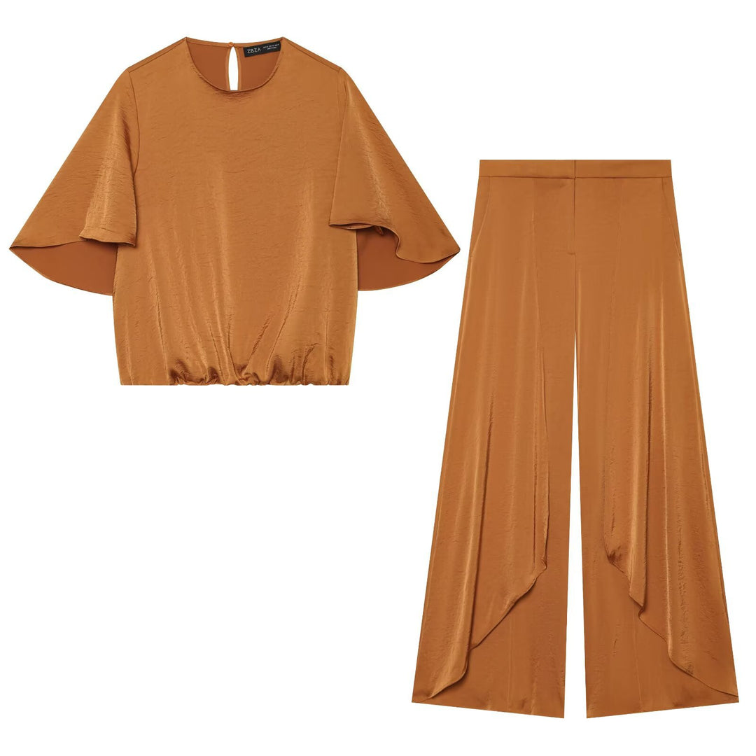 Damen Weite Satin‑Palazzohose mit hoher Taille und vorderer Drapé‑Überlappung Echo Archiv