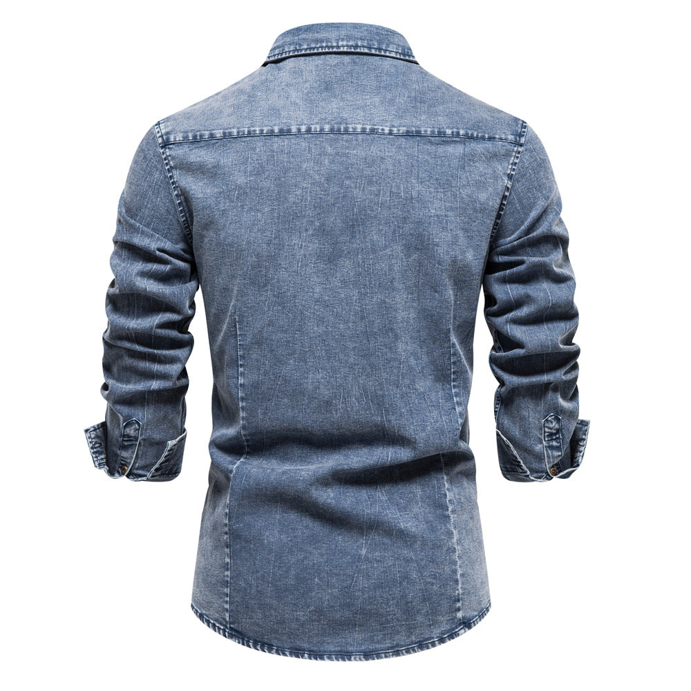 Herren Denim Hemdbluse mit zwei Brusttaschen und geschmackvollen Stickereien Echoarchiv