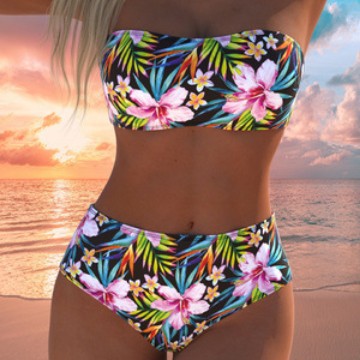 Damen Bandeau-Bikini-Set mit hochgeschnittenem Höschen und tropischem Blütenmuster Echo Archiv