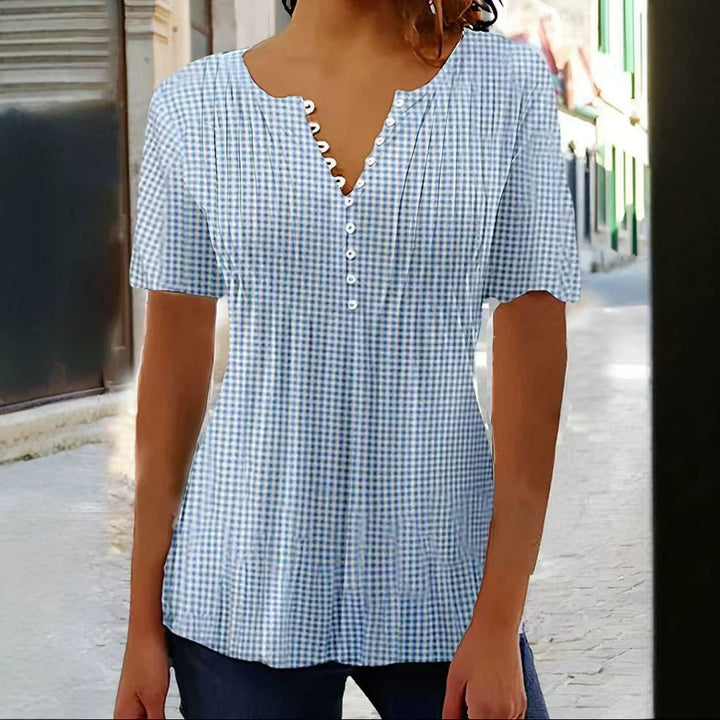 Damen nan leichte Karobluse mit V-Ausschnitt, Zierknopfleiste und Stufenvolant Echo Archiv