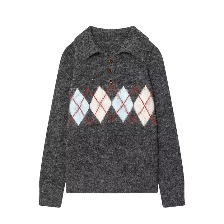 Damen Grobgestrickter Pullover mit Polokragen, 3‑Knopf‑Leiste und Argyle‑Dekor Echo Archiv