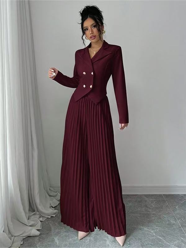 Damen Taillierter Doppelreihiger Blazer und plissierte Palazzo-Hose – Valéne