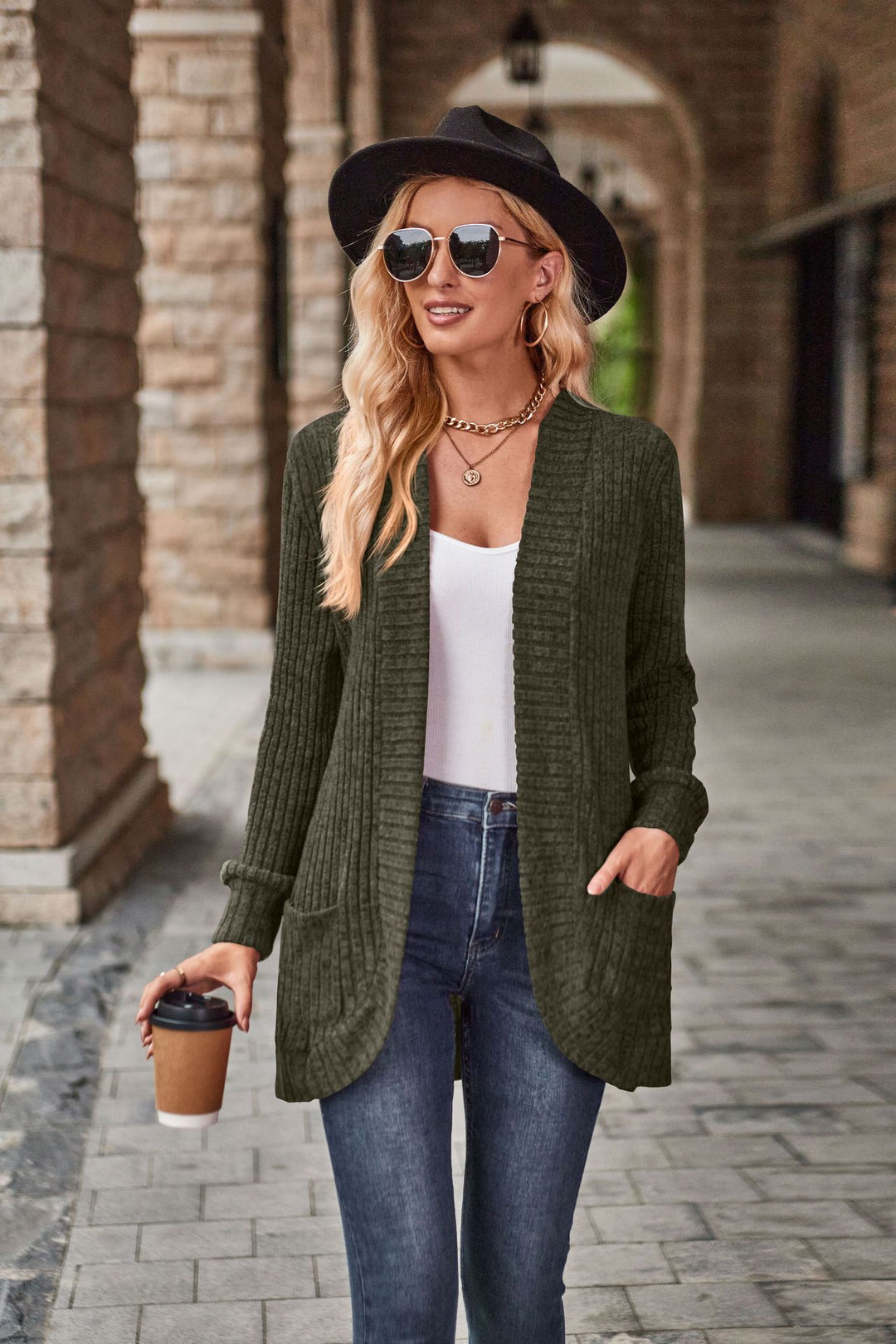 Damen nan langer gerippter Cardigan mit aufgesetzten Taschen und offener Front Echo Archiv