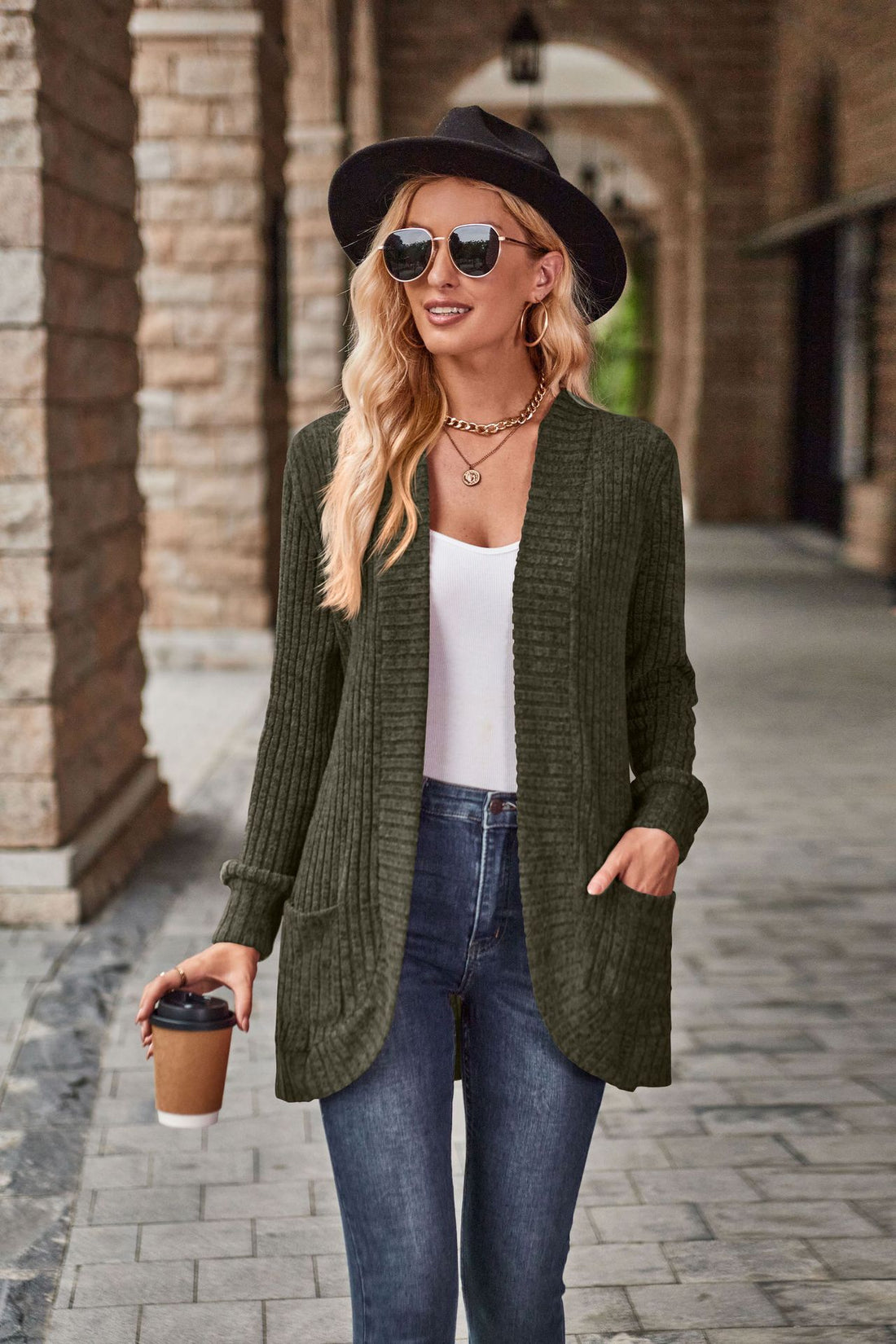 Damen langer gerippter Cardigan mit aufgesetzten Taschen und offener Front – Veloura