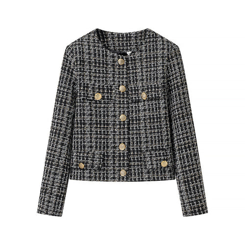 Damen Bouclé-Tweed-Jacke mit Rundhalsausschnitt, goldenen Zierknöpfen und aufgesetzten Taschen Echo Archiv