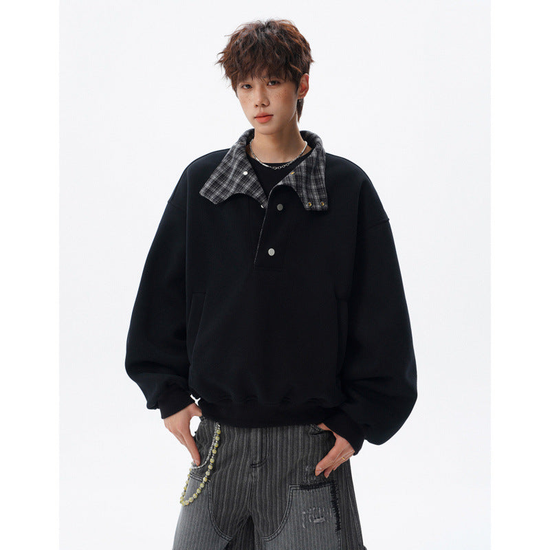 Unisex Oversized Sweatshirt mit abnehmbarem Karo-Kragen und Druckknopfleiste – Norvane