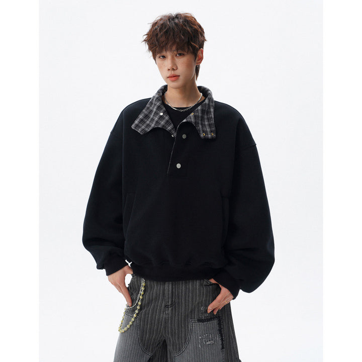 Unisex Oversized Sweatshirt mit abnehmbarem Karo-Kragen und Druckknopfleiste – Norvane