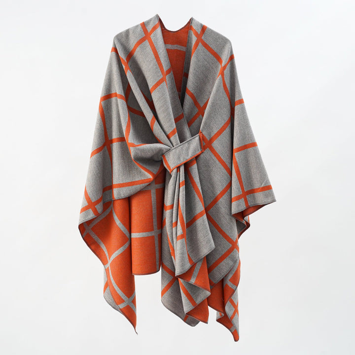 Damen Oversize Wollmix Poncho mit Gürtel und Karomuster Echo Archiv