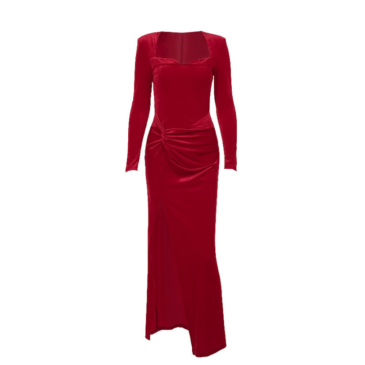 Damen elegantes langärmeliges Abendkleid mit hohem Schlitz und Rüschendetails Echo Archiv