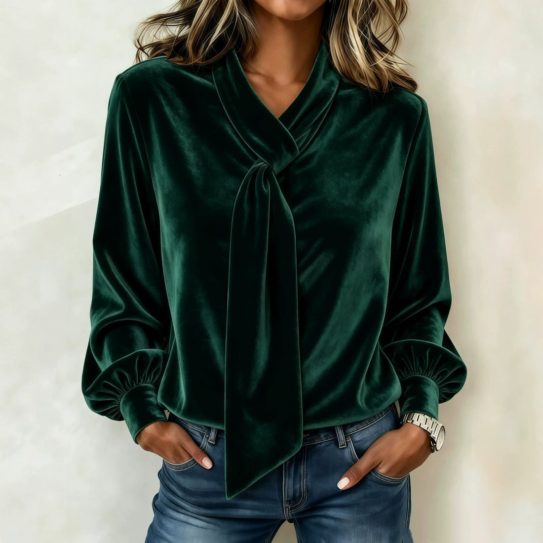 Damen Samtbluse mit Schluppe, Ballonärmeln und gerafften Manschetten Echo Archiv