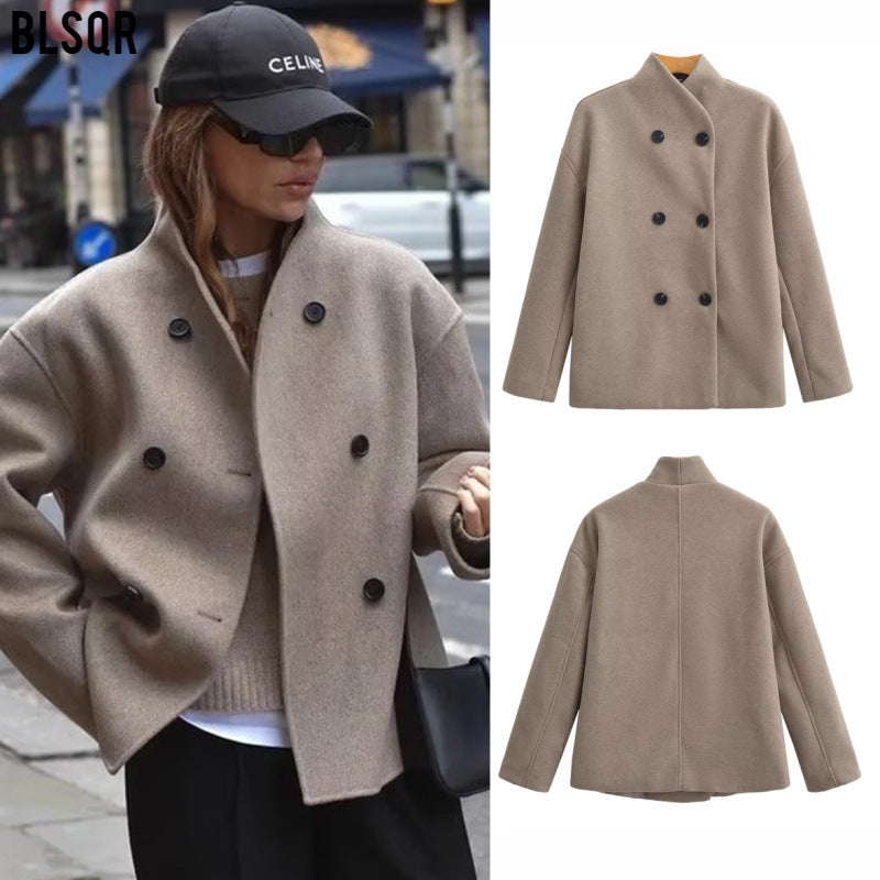 Damen Oversized Doppelreihiger Wollmantel mit Stehkragen Echo Archiv