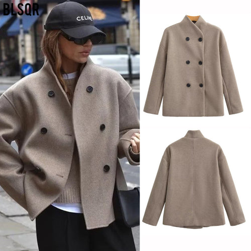 Damen Oversized Doppelreihiger Wollmantel mit Stehkragen Echo Archiv