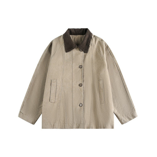 Unisex Kurz geschnittener Boxy-Jeansblouson mit Cordkragen und tonalen Ziernähten Echoarchiv