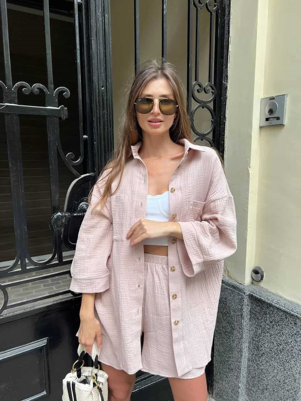 Damen nan lässiges Musselin-Zweiteiler Set mit Oversize-Hemd und elastischer Highwaist-Shorts Echo Archiv
