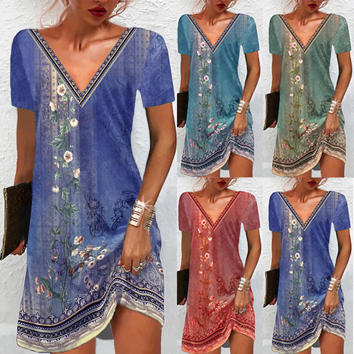 Frauen Floral V-Ausschnitt Tunika Kleid mit Border Print und langen Ärmeln – Lunéa