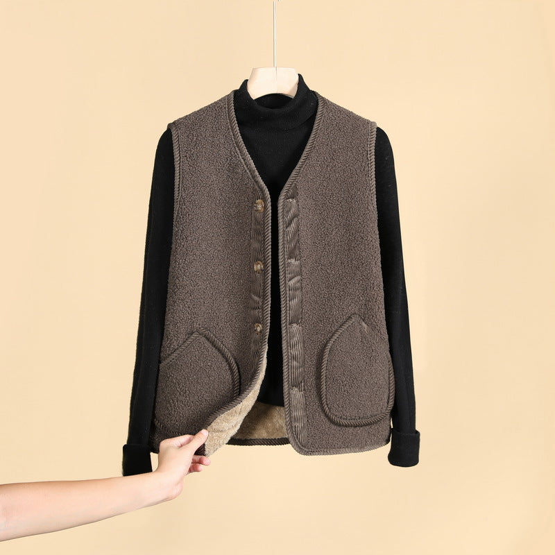 Damen Ärmellose Thermofleece-Weste mit Knopfleiste und Rundtaschen – Avérine
