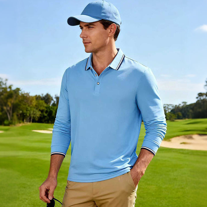 Herren Golf-Performance-Poloshirt langärmlig atmungsaktiv mit Kontrastkragen – Cavello