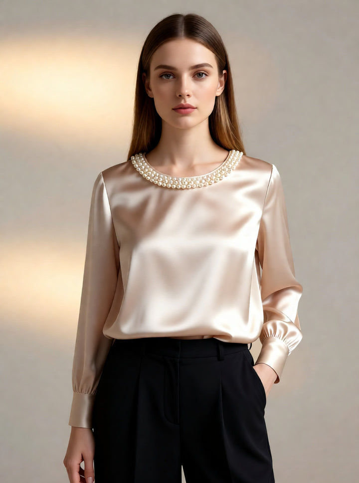 Damen elegante satinierte Bluse mit Perlenkragen Echo Archiv