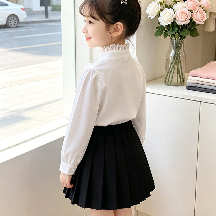 Mädchen elegante Rüschenbluse mit Kragen und dazu passendem Faltenrock Echo Archiv
