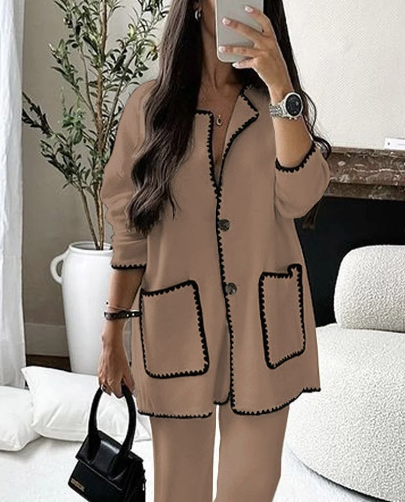 Damen Longline-Strickset mit kontrastbesetzter Strickjacke und weitem Palazzo-Hosen Echoarchiv