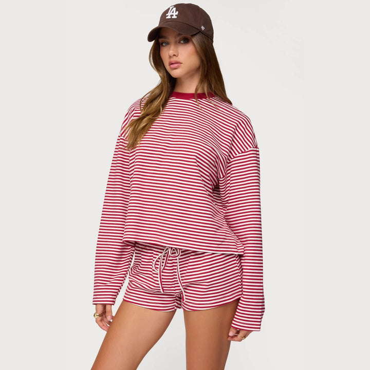 Damen Lässiges Streifen-Loungewear-Set mit langärmligem Oberteil und kurzer Hose Echo Archiv