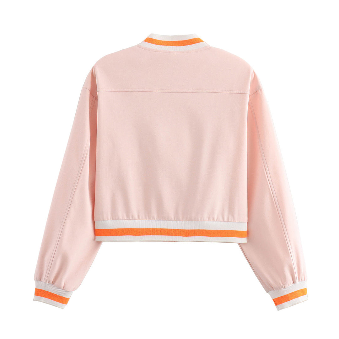 Damen cropped Blousonjacke mit Druckknopfleiste, gestreiften Rippbündchen und aufgesetzten Brustklappen – Célinea
