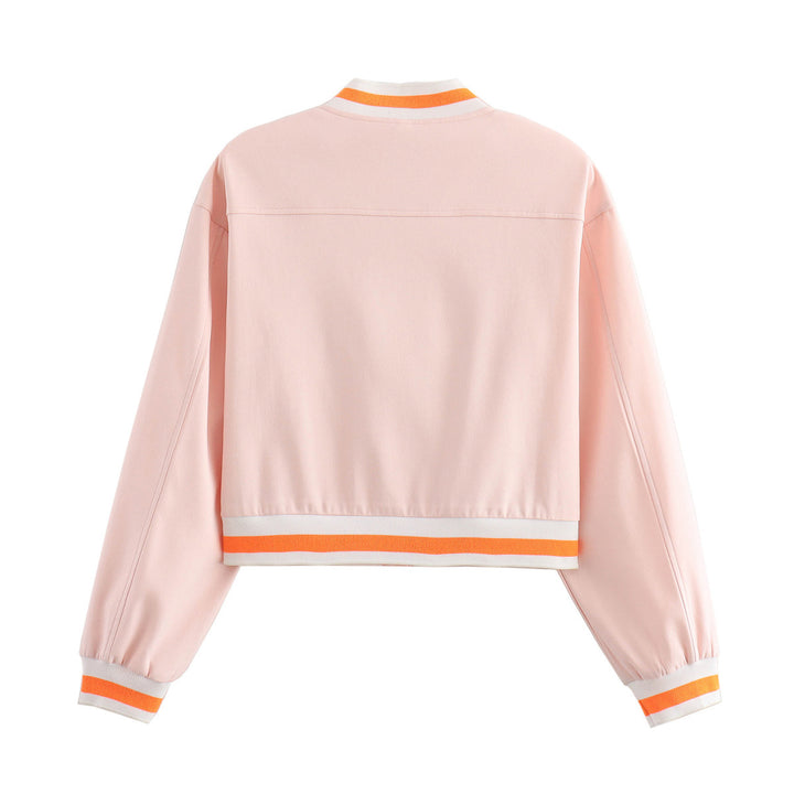 Damen cropped Blousonjacke mit Druckknopfleiste, gestreiften Rippbündchen und aufgesetzten Brustklappen – Célinea