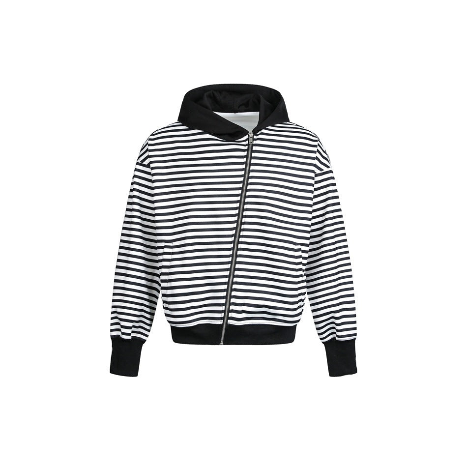 Damen Gestreifte Kapuzen-Zipjacke im Boxy‑Cut mit Rippbündchen und verdeckten Nahttaschen Echoarchiv