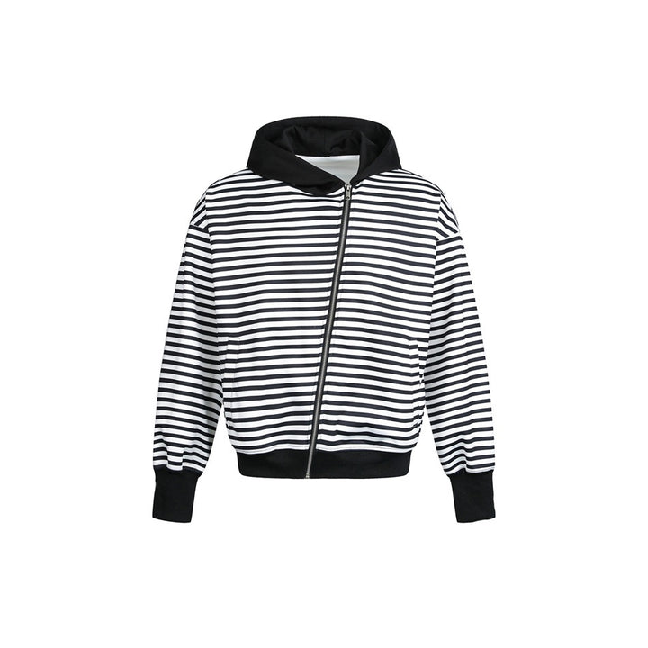 Damen Gestreifte Kapuzen-Zipjacke im Boxy‑Cut mit Rippbündchen und verdeckten Nahttaschen Echoarchiv
