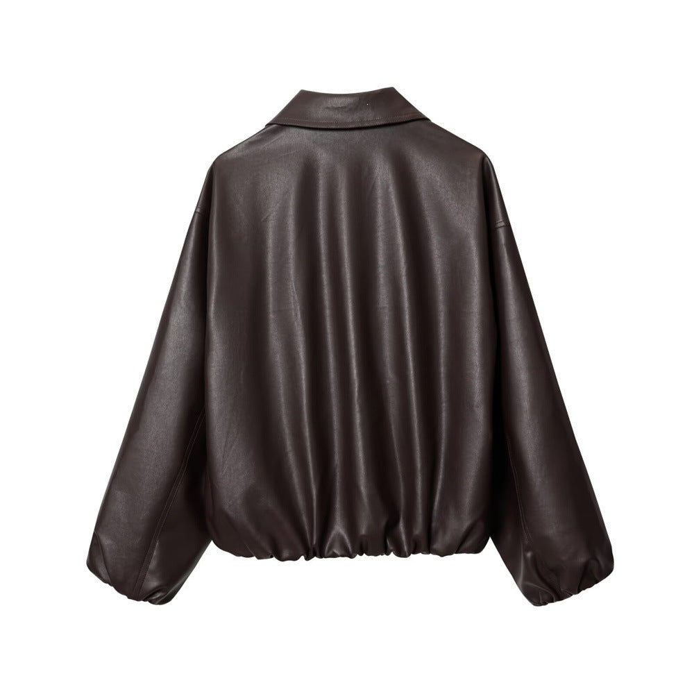 Damen Kurz geschnittener Oversize‑Blouson aus veganem Kunstleder mit Hemdkragen und elastischem Saum Echo Archiv