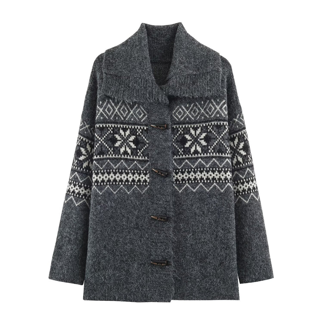 Damen Norwegisch gemusterter Wollmix-Dufflecoat mit Schalkragen und Knebelverschlüssen Echoarchiv